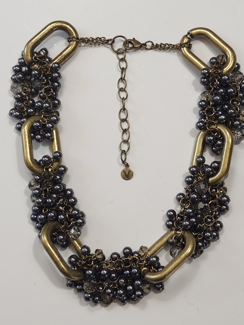 Vince Camuto Chunky Statement Bib Necklace Industrial Links Faux Pearl & Crystal